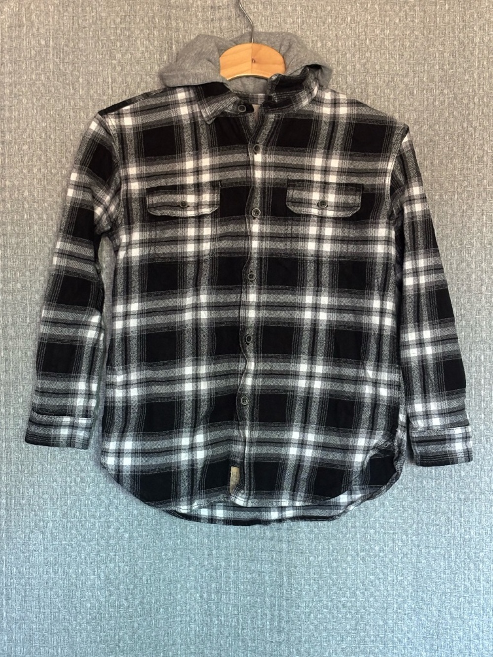 Jachs Hooded Plaid Flannel Shirt Jacket Black Gray Youth Medium